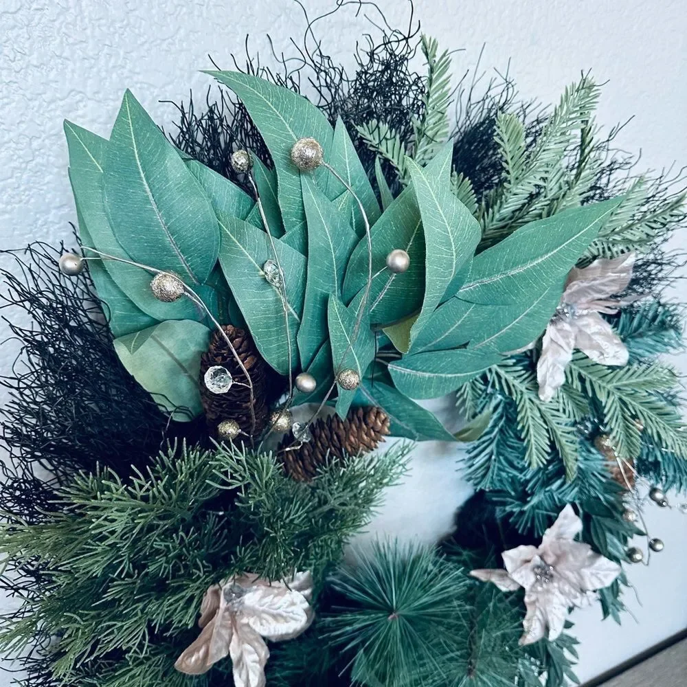 Christmas Greenery Champagne Poinsettia Beaded Berry Stems Holiday Wreath